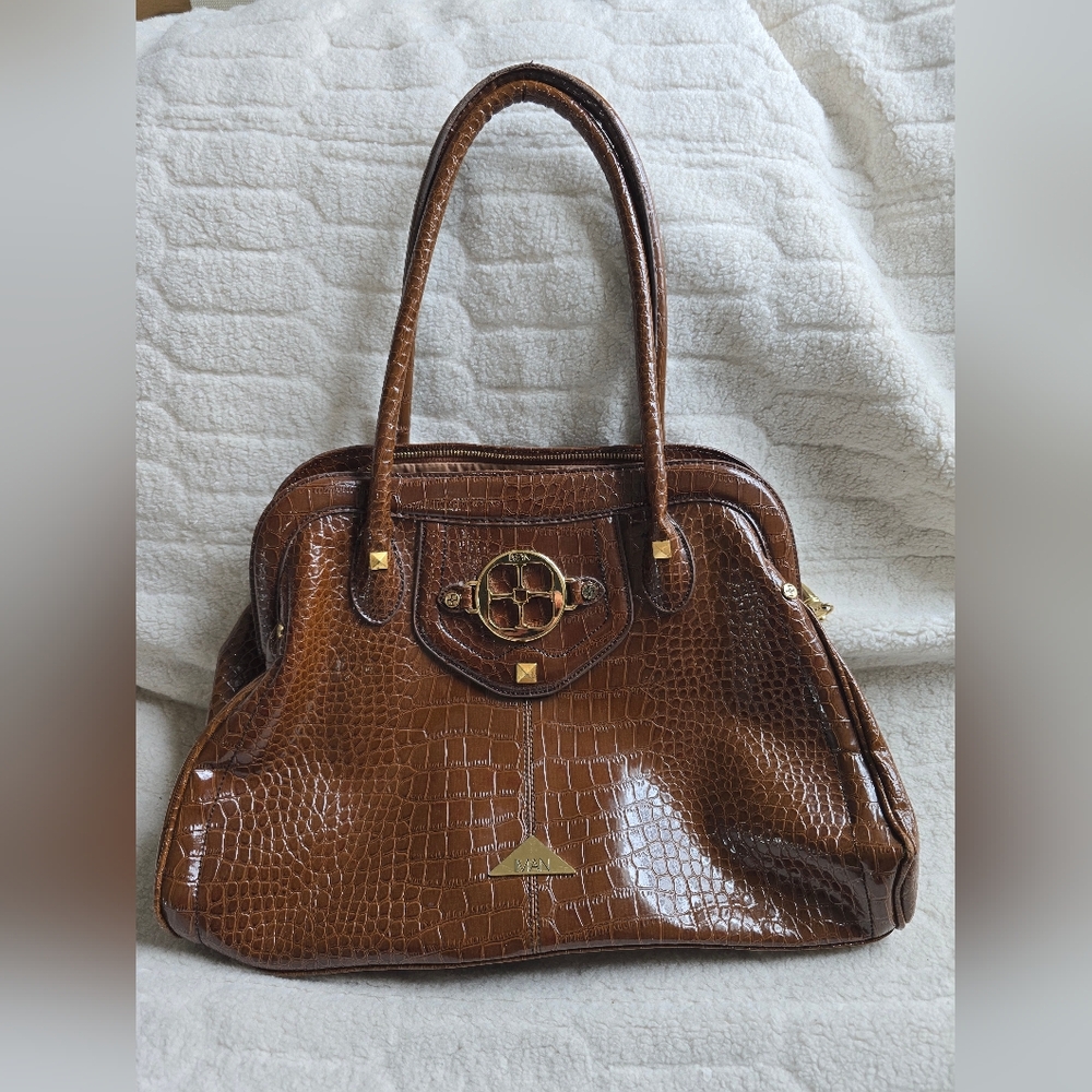 IMAN Brown Crocodile-Embossed Shoulder Bag with Gold Accents